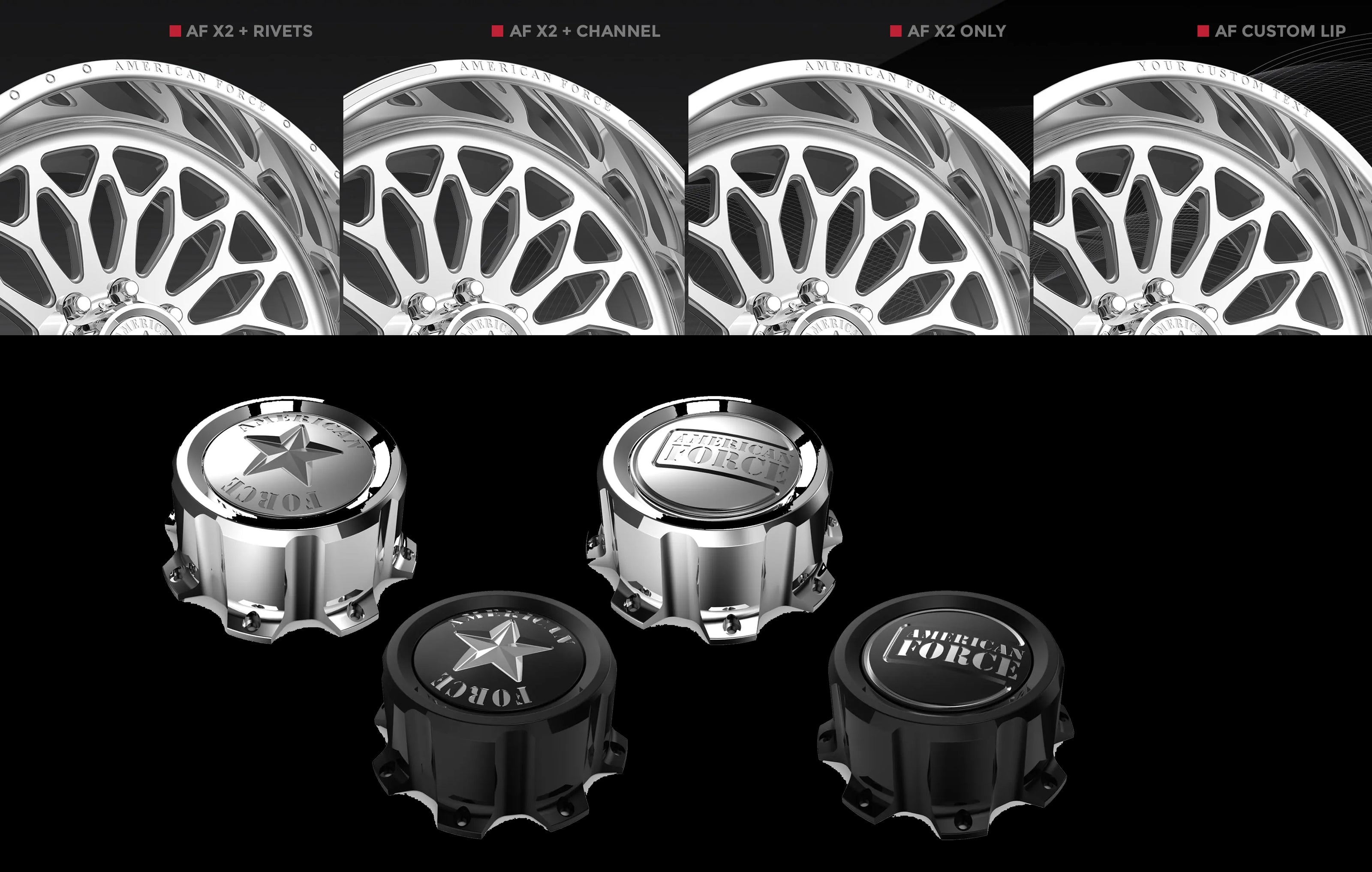 American Force wheel lip styles and center cap options including X2 Rivets, X2 Channel, X2 Only, and Custom Lip