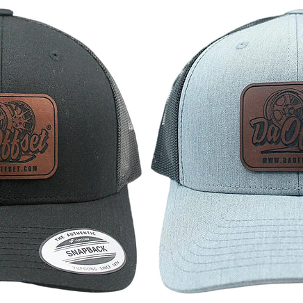 Da Offset trucker snapback hats with leather patch logo in black and heather grey