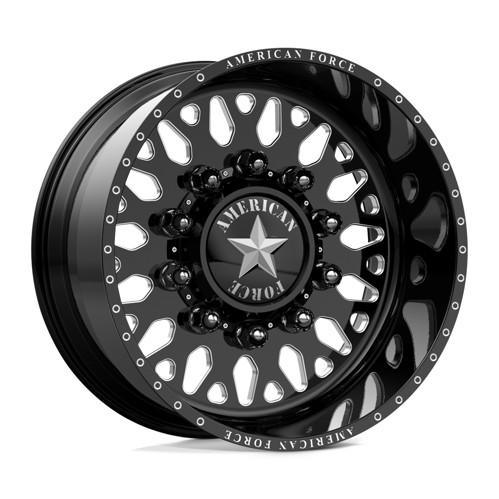 American Force Evo SD forged wheels in gloss black milled finish, three-quarter view