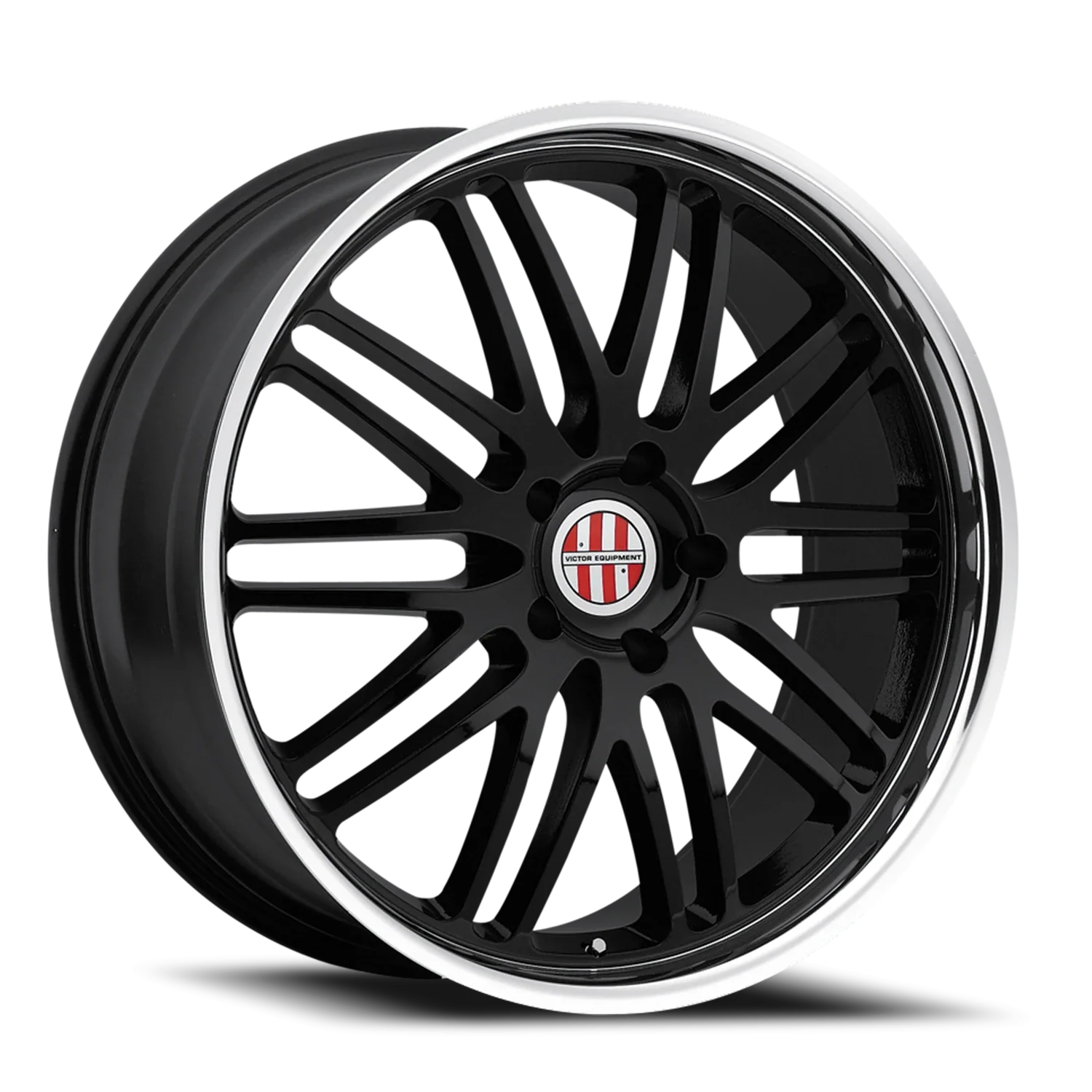 Black alloy wheel with a visible brand logo on a white background