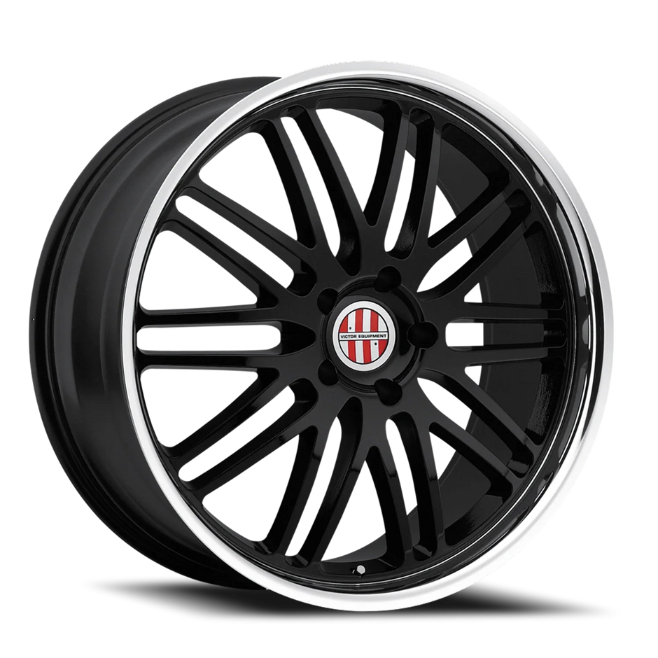 Black alloy wheel with a visible brand logo on a white background