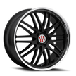 Black alloy wheel with a visible brand logo on a white background