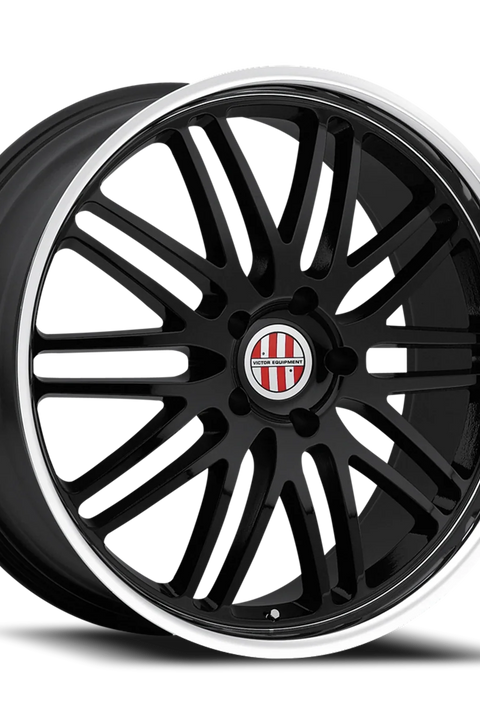 Black alloy wheel with a visible brand logo on a white background