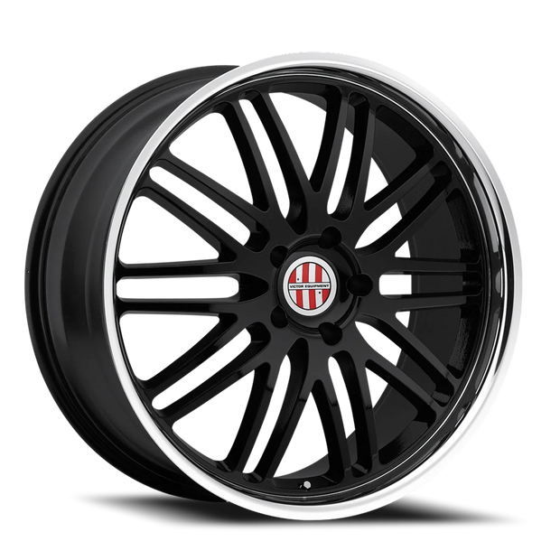 Black alloy wheel with a visible brand logo on a white background