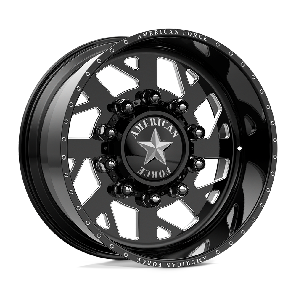 American Force Man OWar SD forged wheels in gloss black milled finish, three-quarter view