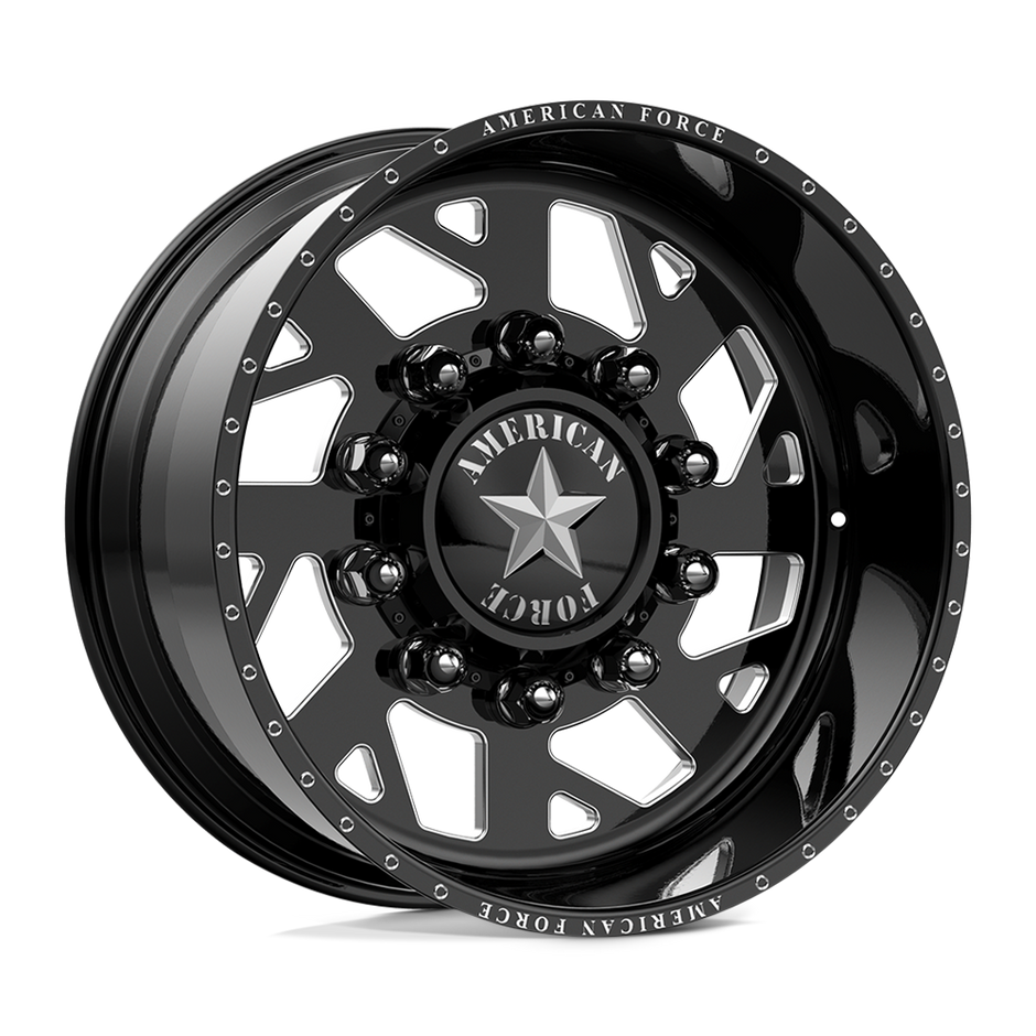 American Force Man OWar SD forged wheels in gloss black milled finish, three-quarter view