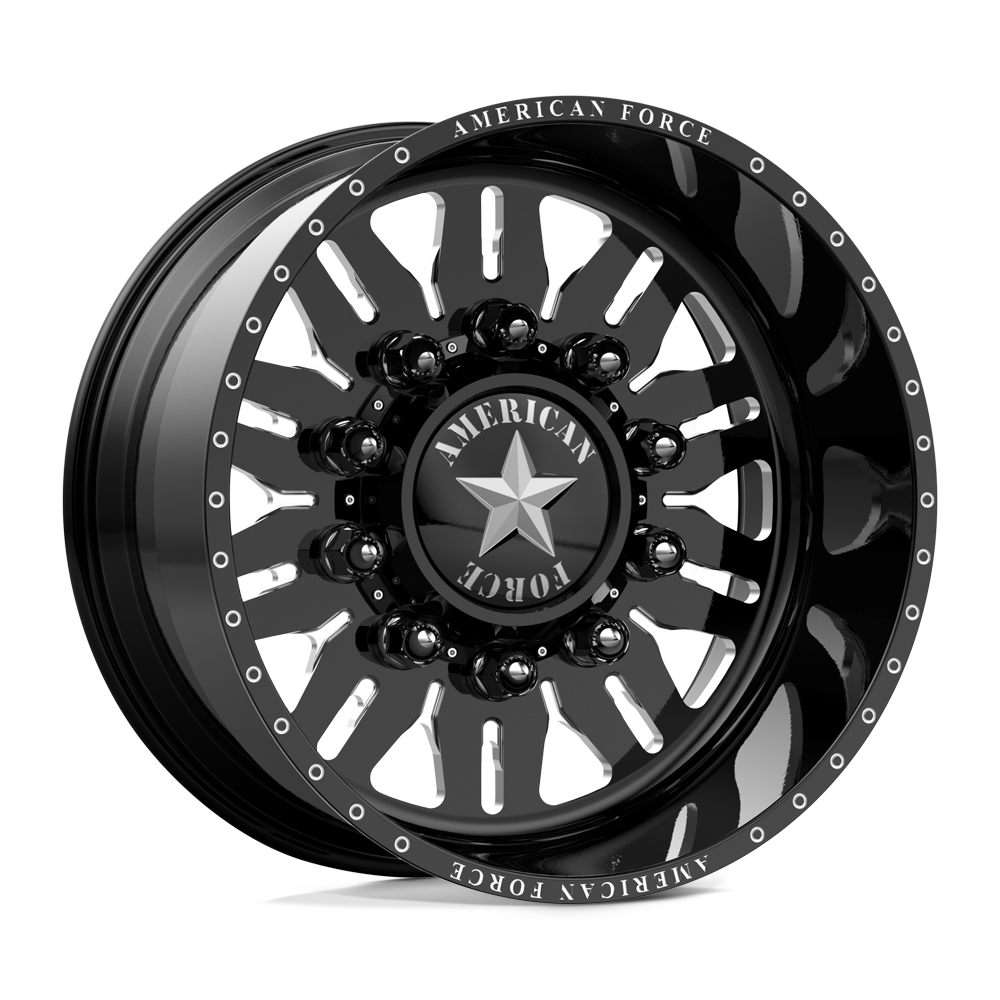 American Force Omen SD forged wheels in gloss black milled finish, three-quarter view
