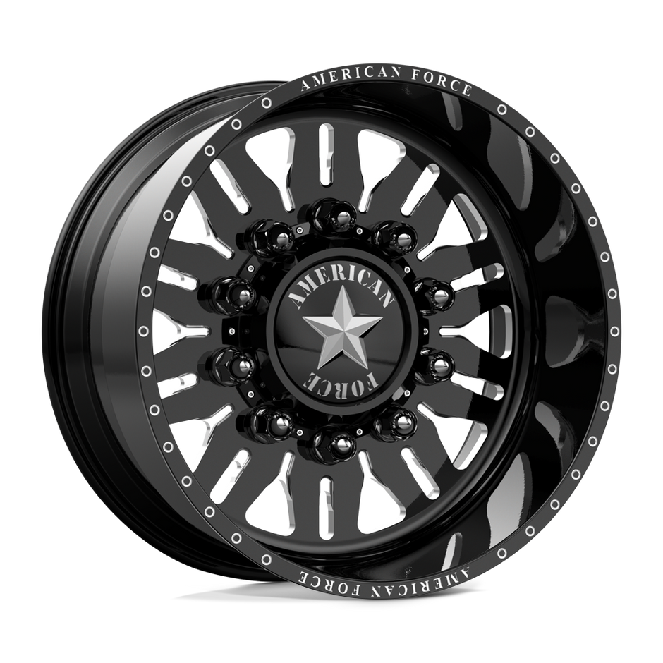 American Force Omen SD forged wheels in gloss black milled finish, three-quarter view