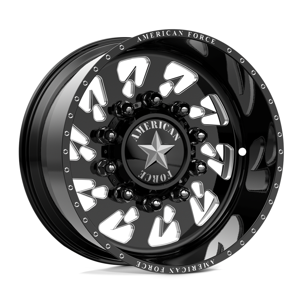 American Force Sideways SD forged wheels in gloss black milled finish, three-quarter view