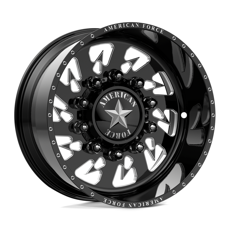 American Force Sideways SD forged wheels in gloss black milled finish, three-quarter view
