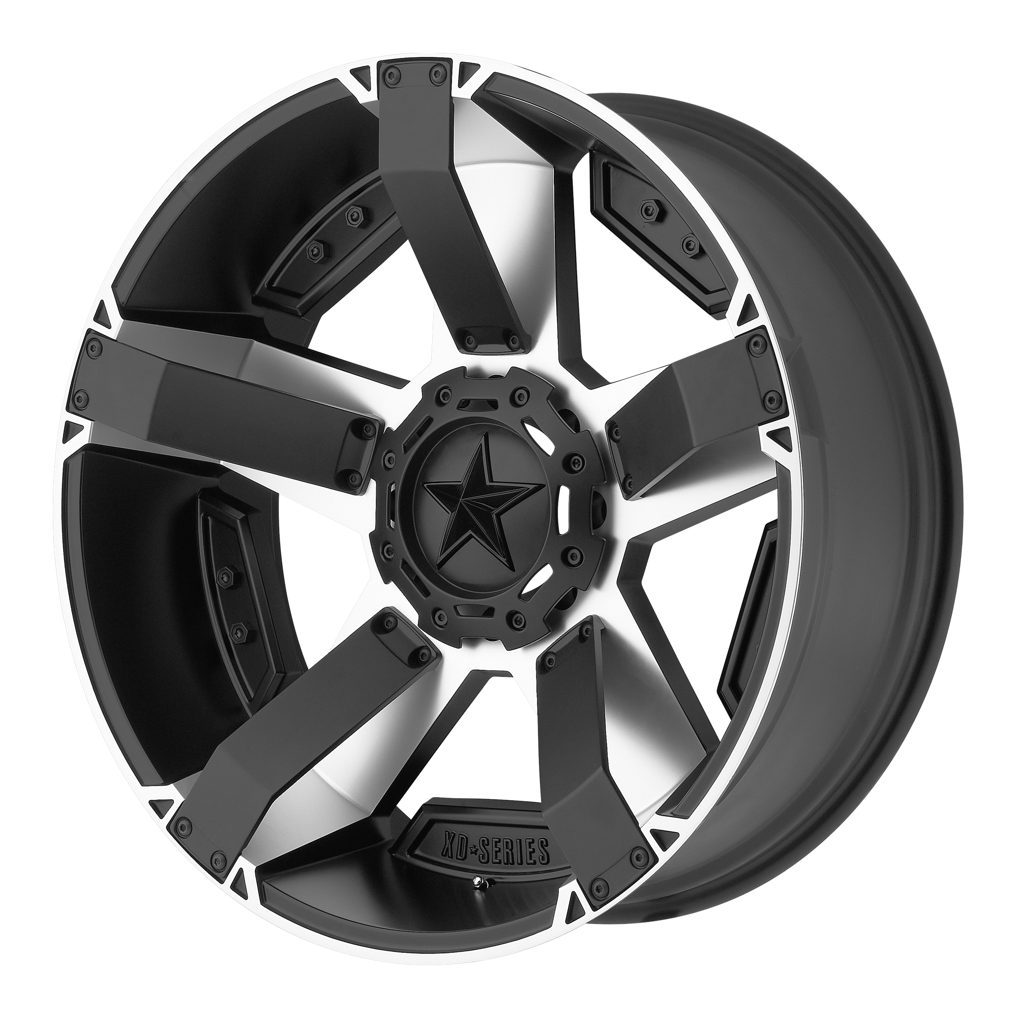 Black and silver alloy wheel with star design on a white background