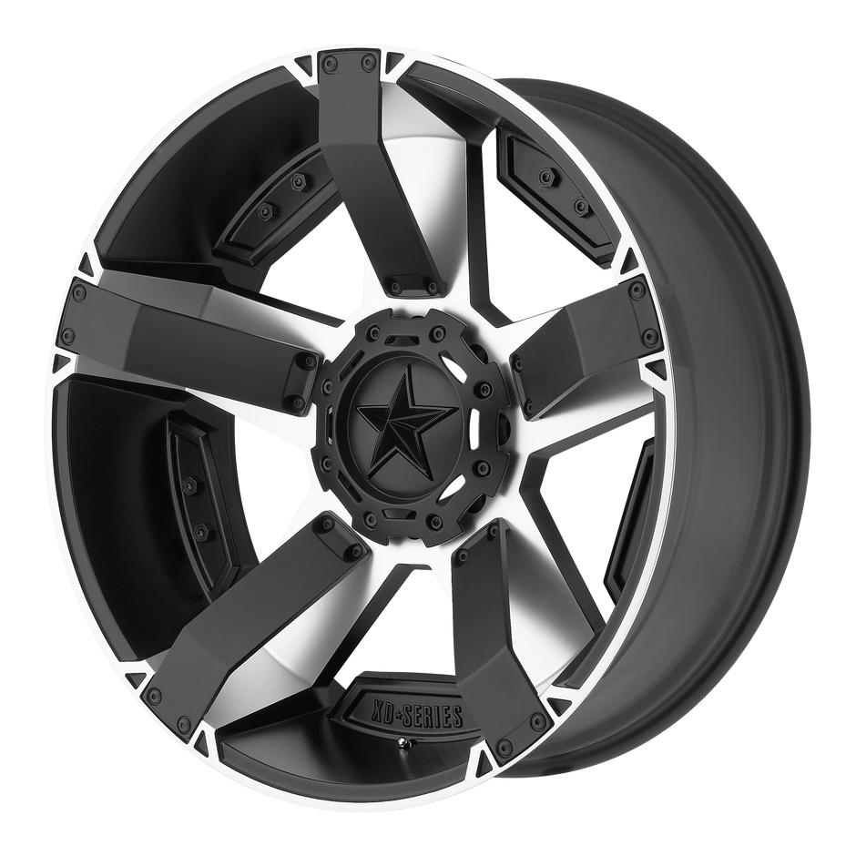 Black and silver alloy wheel with star design on a white background