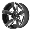 Black and silver alloy wheel with star design on a white background