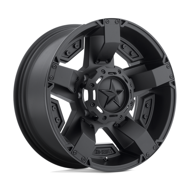 Black alloy wheel with star design on a white background