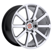 Car wheel rim with a brand logo on a white background