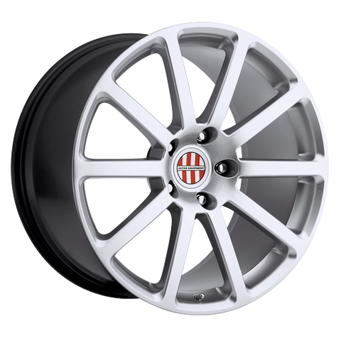 Car wheel rim with a brand logo on a white background
