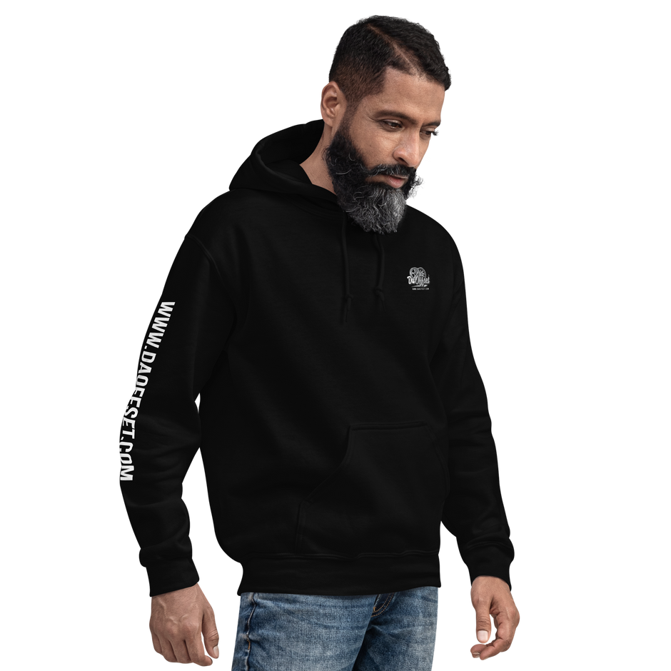 Da Offset unisex heavy blend hoodie in black, three-quarter front-right view
