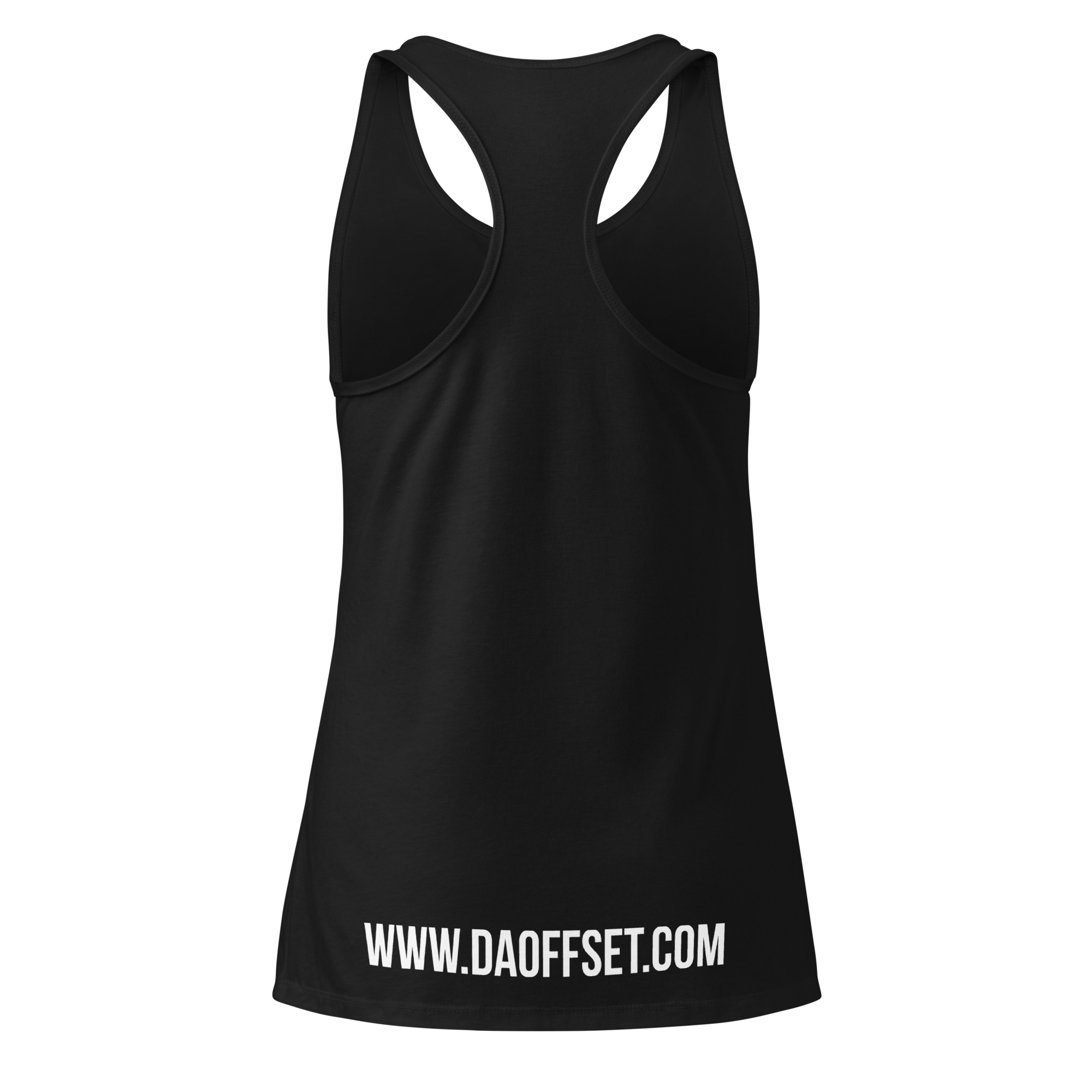 Da Offset women's racerback tank top in black, back view
