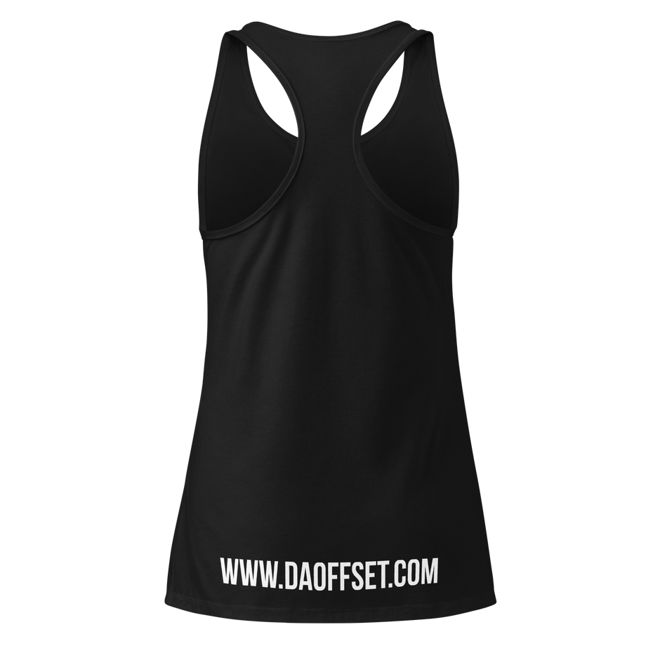 Da Offset women's racerback tank top in black, back view