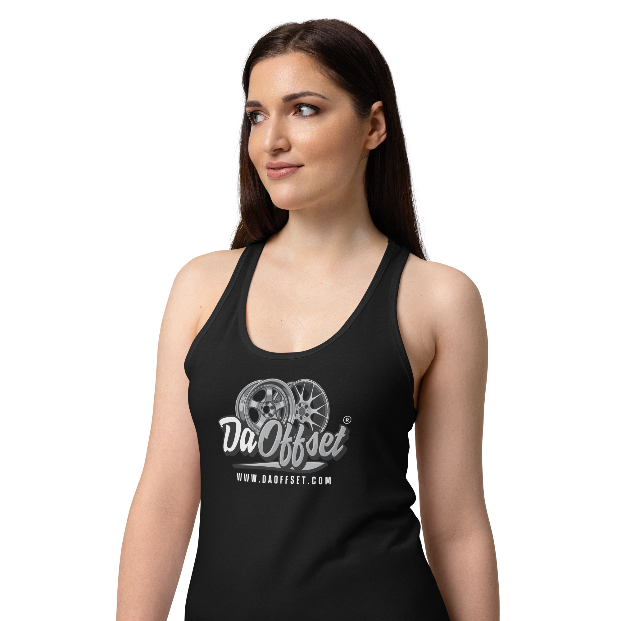 Da Offset women's racerback tank top in black, worn by model, front view