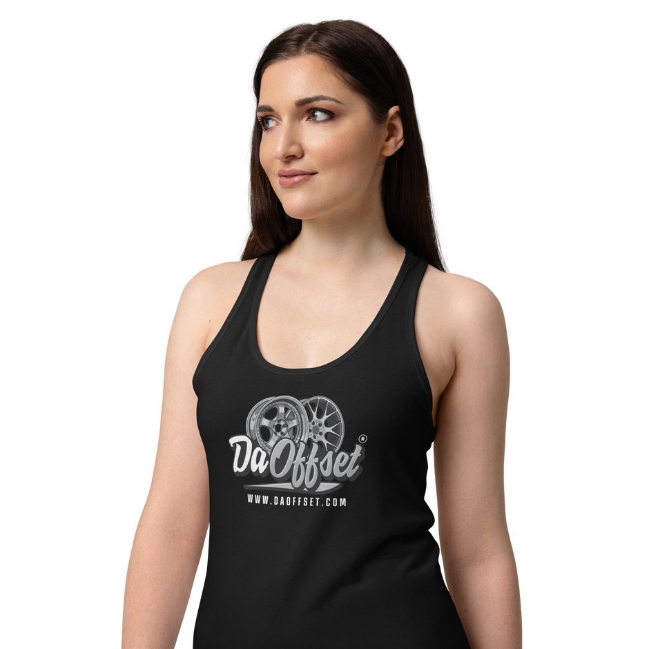 Da Offset women's racerback tank top in black, worn by model, front view