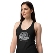 Da Offset women's racerback tank top in black, worn by model, front view