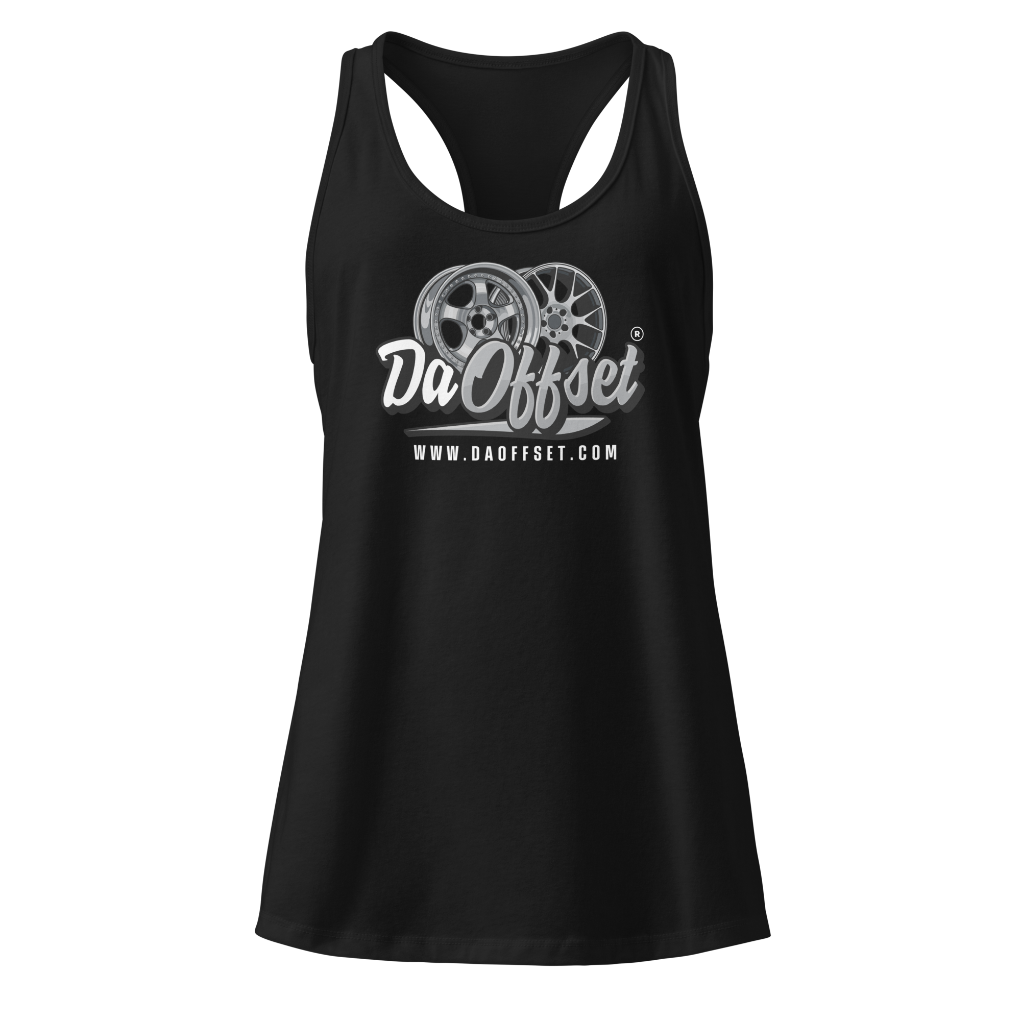 Da Offset women's racerback tank top in black, front view