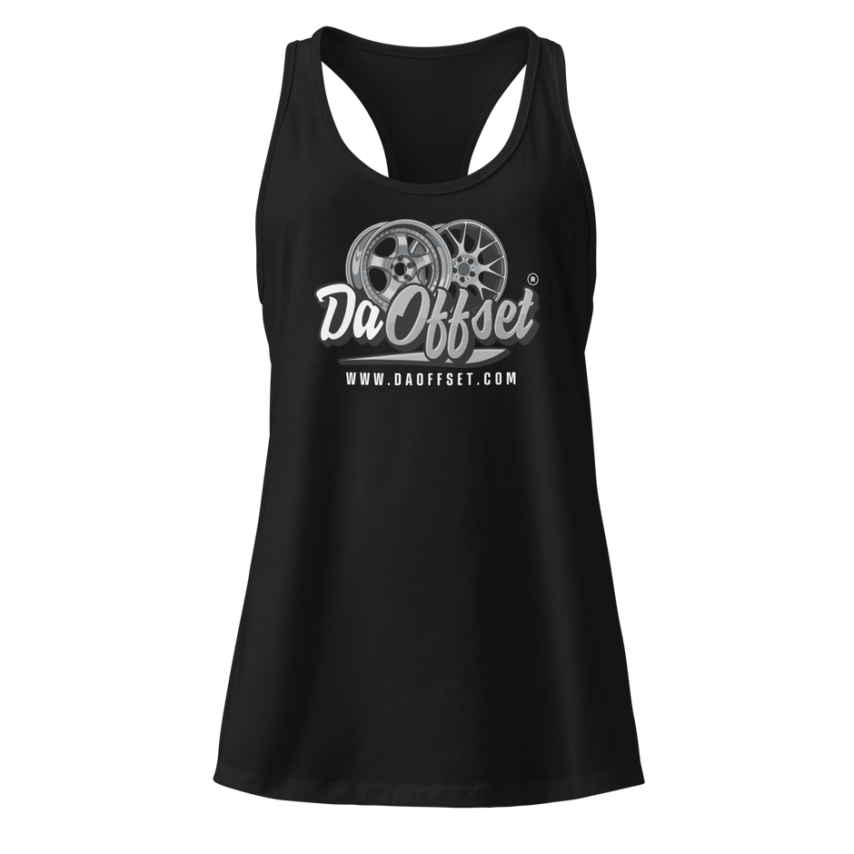Da Offset women's racerback tank top in black, front view