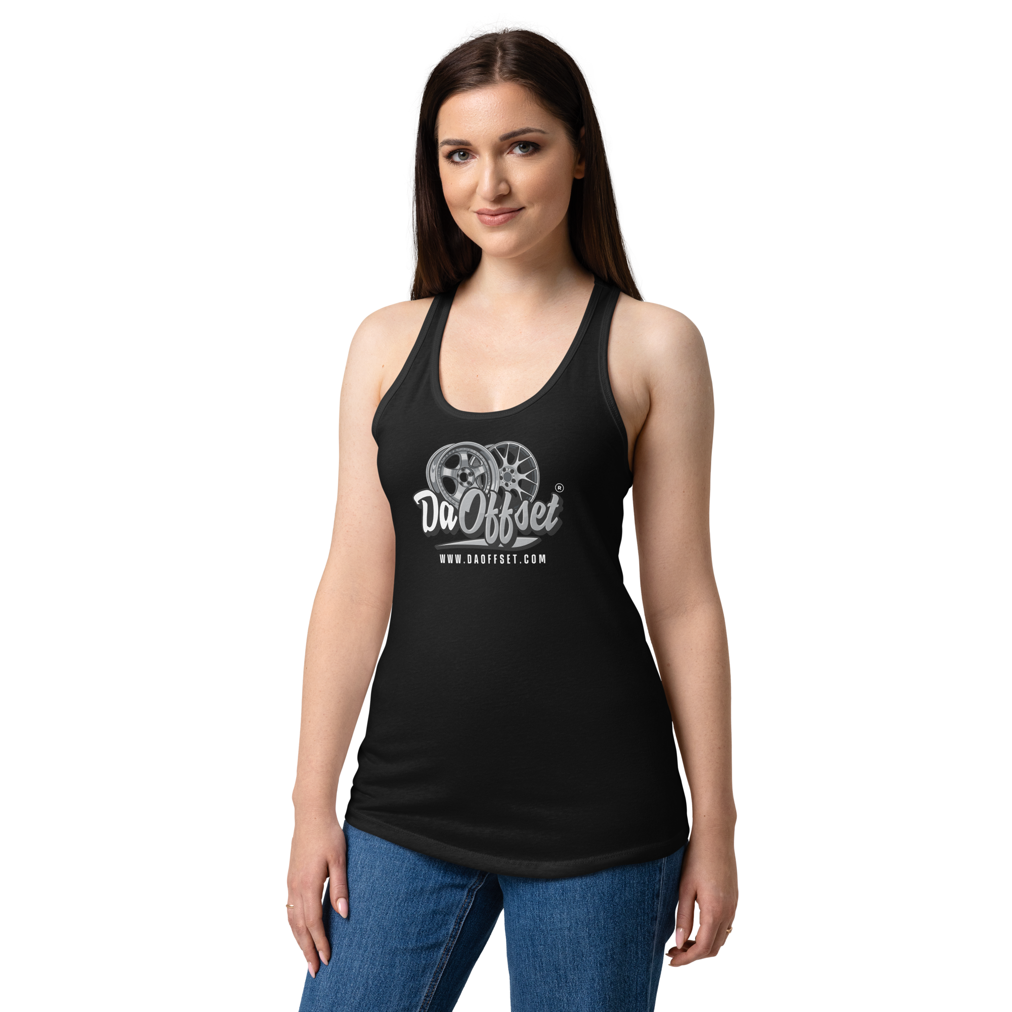 Da Offset women's racerback tank top in black, front view