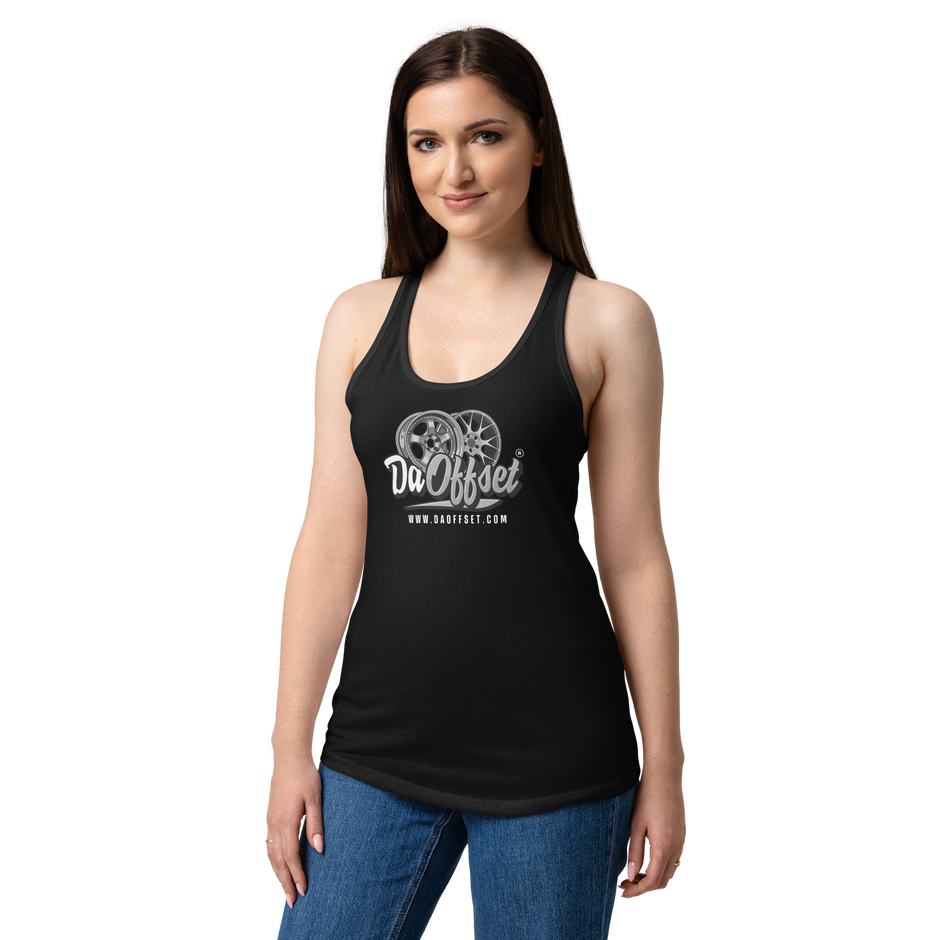 Da Offset women's racerback tank top in black, front view