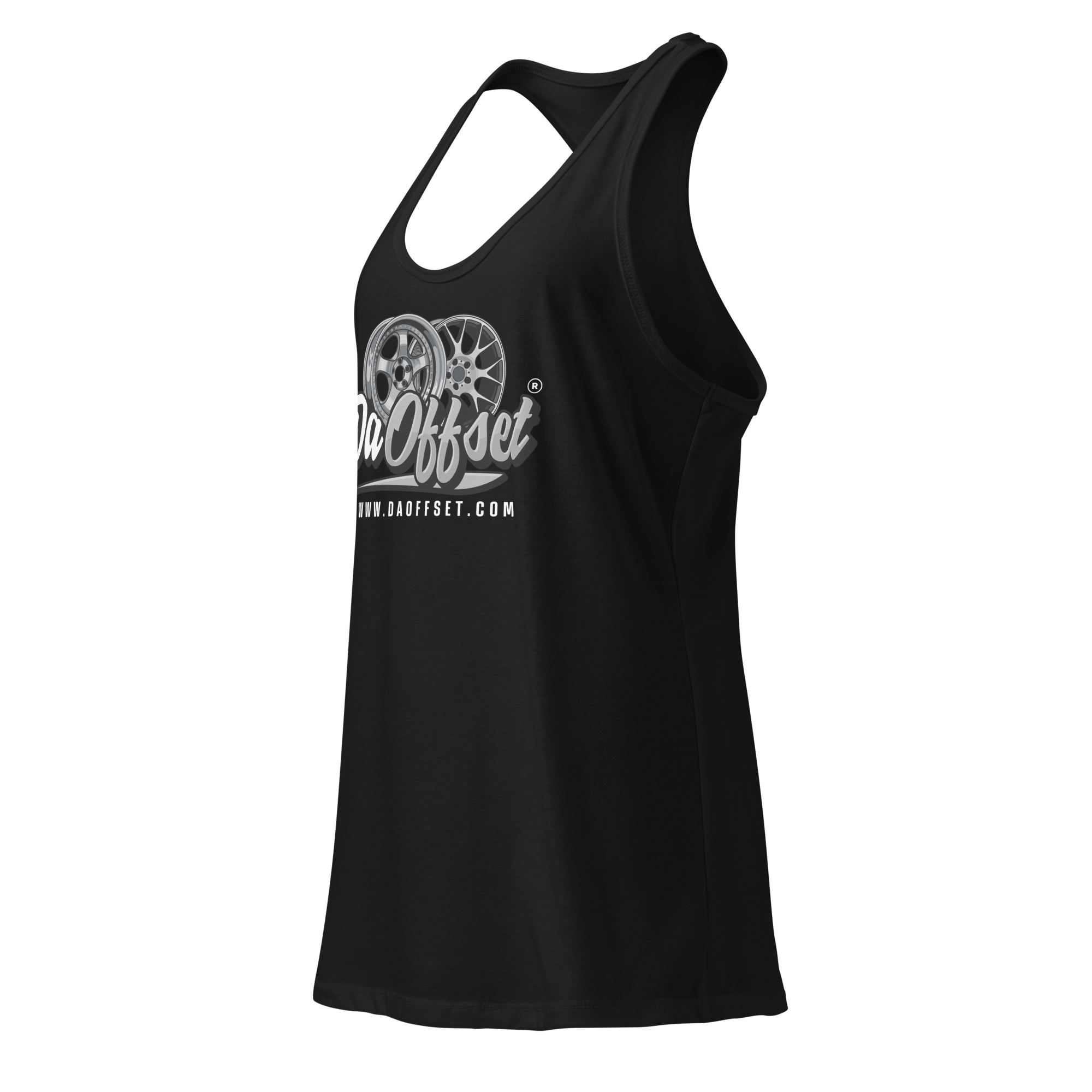 Da Offset women's racerback tank top in black, three-quarter front-left view