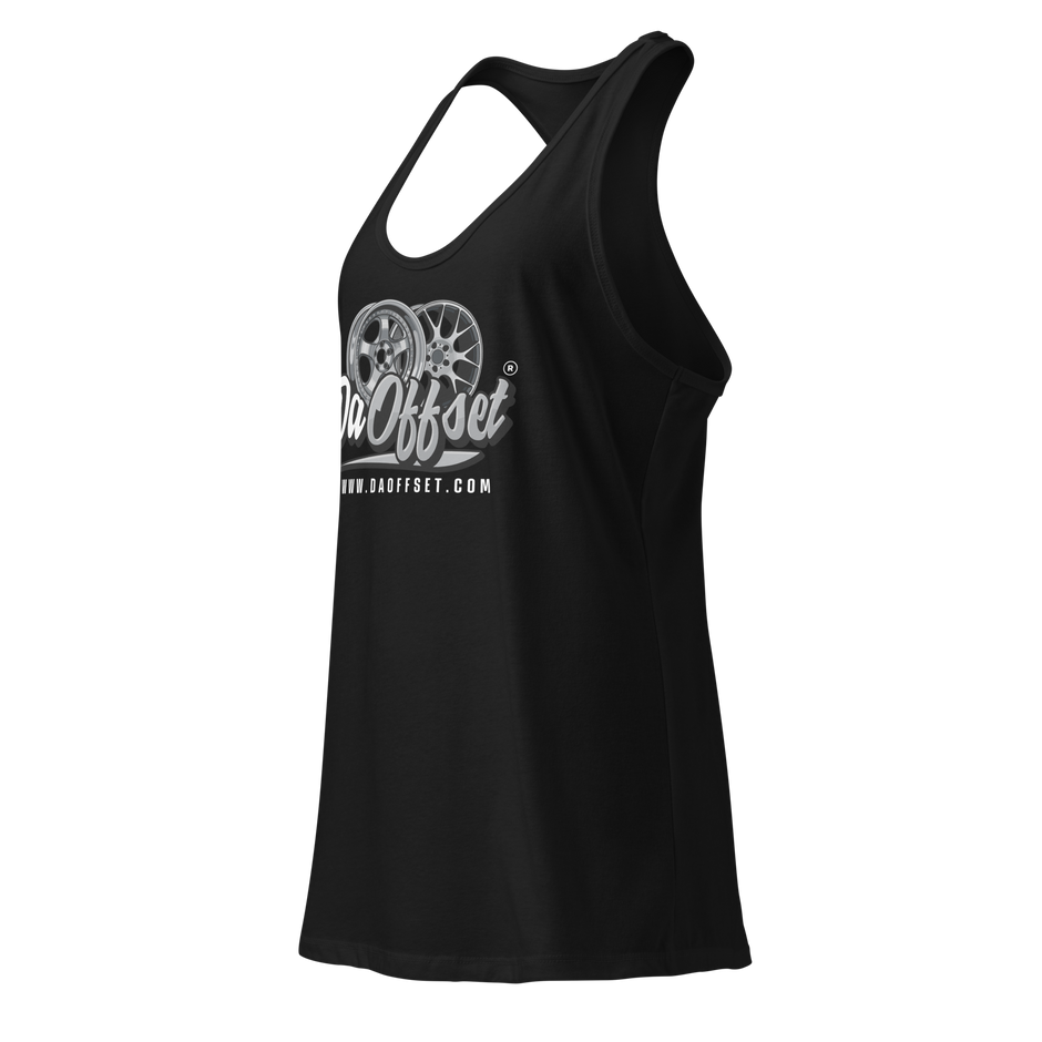 Da Offset women's racerback tank top in black, three-quarter front-left view