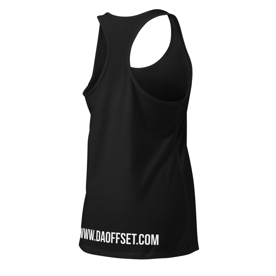Da Offset women's racerback tank top in black, three-quarter back-right view
